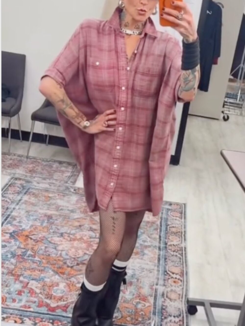 NWT R13 x Nordstrom Plaid Boxy Cotton Flannel Shirtdress - Muted Pink Plaid